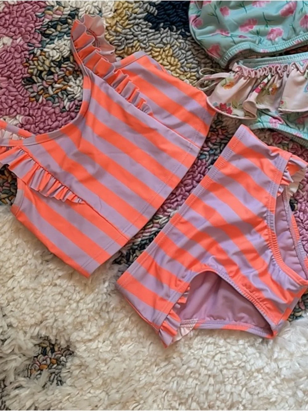 Cat & Jack Girls' Two-Piece Striped Swim Set in Coral and Lavender 3T